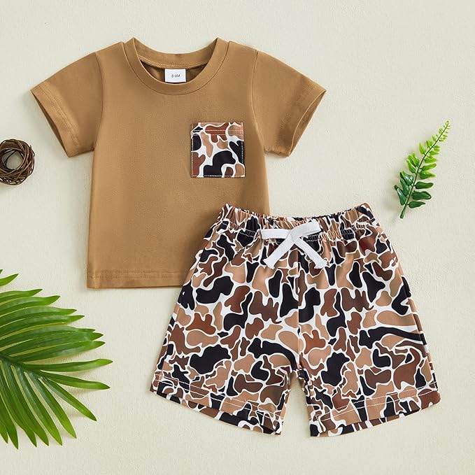 fhutpw Toddler Baby Boy Summer Clothes Tractor Letter Short Sleeve T-Shirt Tops Pockets Casual Shorts Set Infant Outfits
