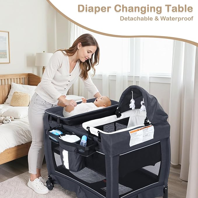4 in 1 Multifunctional Pack and Play, Foldable Baby Playards with Changing Table & Breathable Mesh, Baby Playpen for Babies and Toddlers, Grey