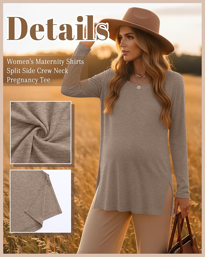 Riyiper 3 Pack Women's Maternity Long Sleeve T-Shirts Round Neck Side Split Tops Loose Casual Pregnancy Mama Clothes Fall