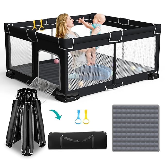 Foldable Playpen for Babies and Toddlers, 71x59 Inches Portable Playpen, Kids Collapsible Play Pen with 2 Handlers, Indoor & Outdoor Baby Play Area with Visible Mesh (Black)