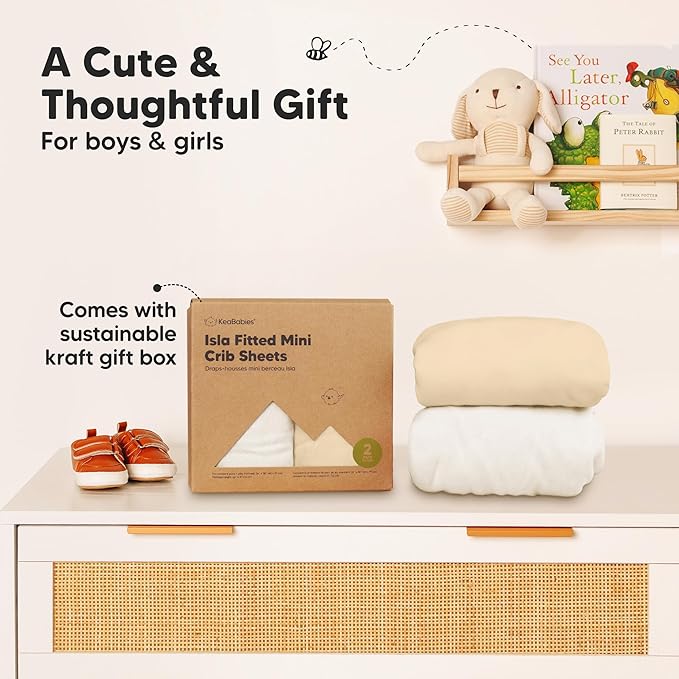 Pack and Play Sheets Fitted - 2-Pack Mini Crib Sheets for Pack N Play Mattress 38x26, Soft & Cozy, Neutral Toddler Playard Bedding, Snug Fitted Mini Baby Crib Mattress Cover Boy, Girl (Khaki)