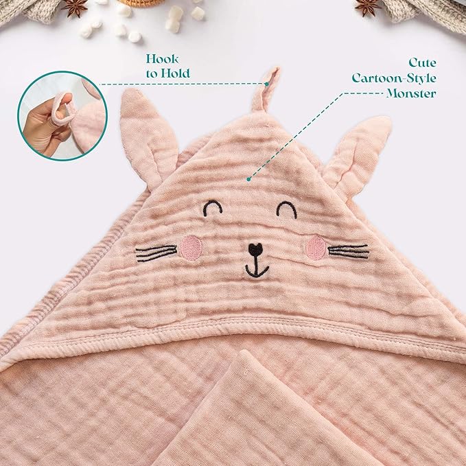 Chungie Soft Muslin Hooded Baby Towels 32x32 inches – 100% Cotton, 6-Layer Breathable Newborn Bath Towels with Hood, Pack of 2 (Printed + Embroidered)