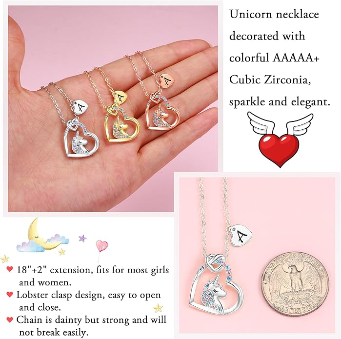 Hidepoo Valentines Gifts for Kids Girls - Unicorn Necklace Gifts for Teen Girls Kid, Colorful CZ Heart Pendant Initial Unicorn Necklaces for Girl Jewelry Birthday Gift for Girl Kid