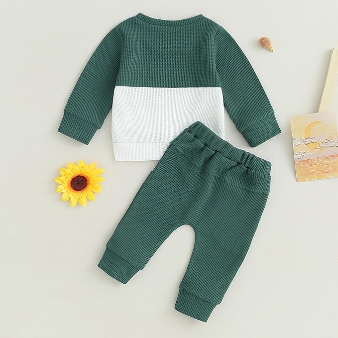 Toddler Baby Boy Fall Outfit Long Sleeve Crew Neck Contrast Color Sweatshirt Top Pant Cute Newborn Infant Waffle Clothes