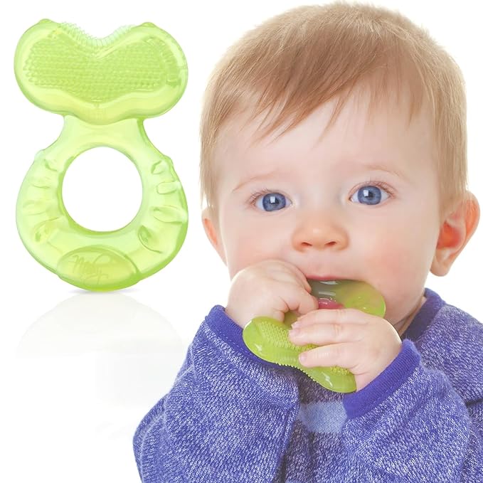 Nuby Silicone Teethe-EEZ Teether with Bristles, Includes Hygienic Case, Green (Pack of 1)