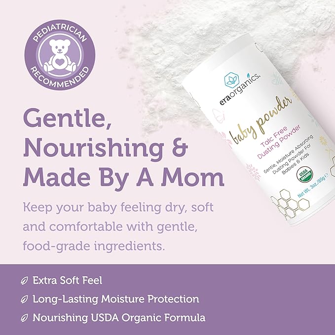 Era Organics Talc-Free Organic Baby Powder - USDA Organic Dusting Powder with Arrowroot, Calendula and Cornstarch for Newborns, Babies or Toddlers - Soothing, Fragrance Free, Made in USA (3oz/85g)