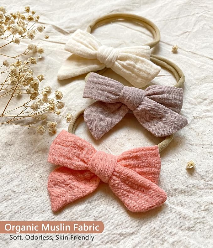 Cherssy Baby Muslin Hair Bows and Headbands, 10pcs Soft Nylon Hairbands for Newborn, Infants, Toddlers