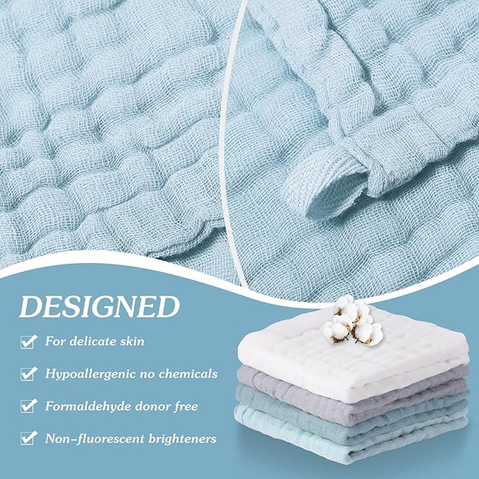 8 Pcs Baby Washcloths for Newborn 12 x 12 Inch Muslin Face Towels Cotton Absorbent for Delicate Skin Soft Muslin Cloth Reusable Baby Registry as Shower Gift, 4 Colors (Blue Color)