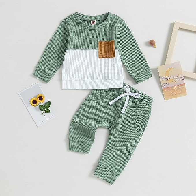 Toddler Baby Boy Fall Outfit Long Sleeve Crew Neck Contrast Color Sweatshirt Top Pant Cute Newborn Infant Waffle Clothes