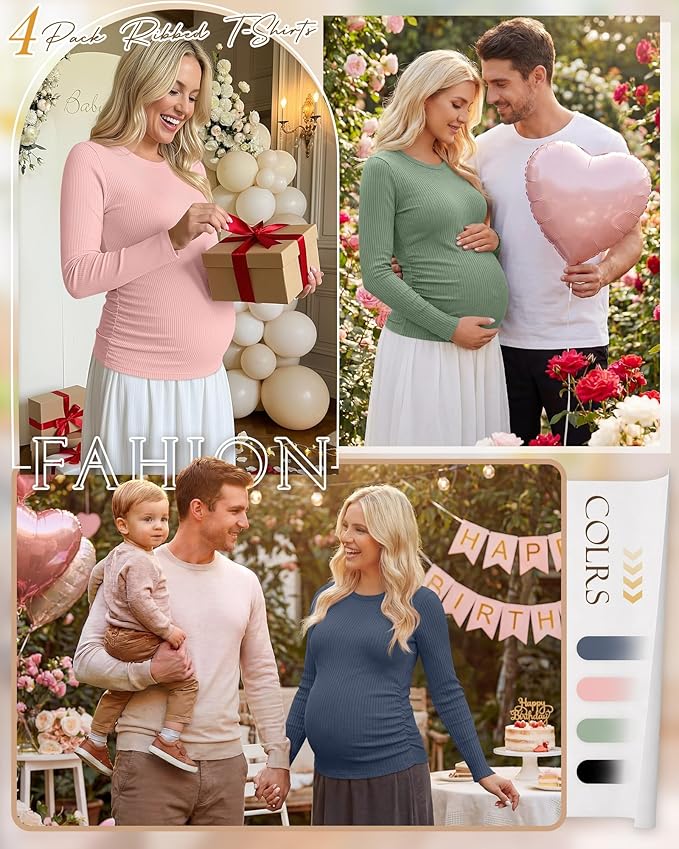 Ficerd 4 Pack Women's Maternity Shirts Cotton Long Sleeve Ribbed Crew Neck Pregnancy Tops Side Ruched Casual Mama Clothes