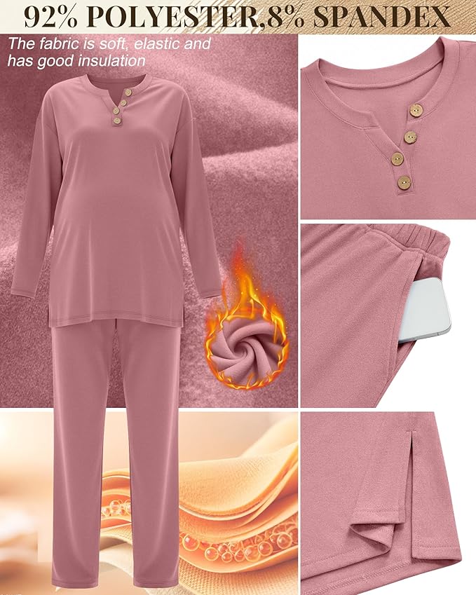 2 Piece Thermal Maternity Lounge Set Postpartum Pregnancy Fleece Loungewear Long Sleeve Top and Wide Leg Pant