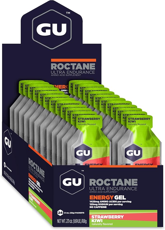 GU Energy Roctane Ultra Endurance Energy Gel, Vegan, Gluten-Free, Kosher, and Dairy-Free On-The-Go Sports Nutrition for Running, Biking, Hiking or Skiing, Strawberry Kiwi (24 Packets)