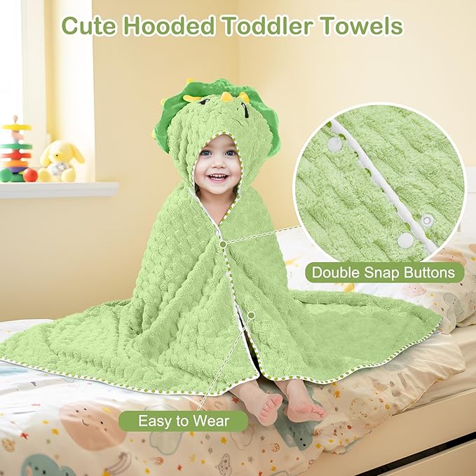 FIOBEE Toddler Bath Towel with Hood Baby Towels, 55x28 inch Large Soft Absorbent Kids Hooded Towels for 1-5 Years Old Baby Girls Boys Bath Beach Essentials Blanket, Green Dinosaur