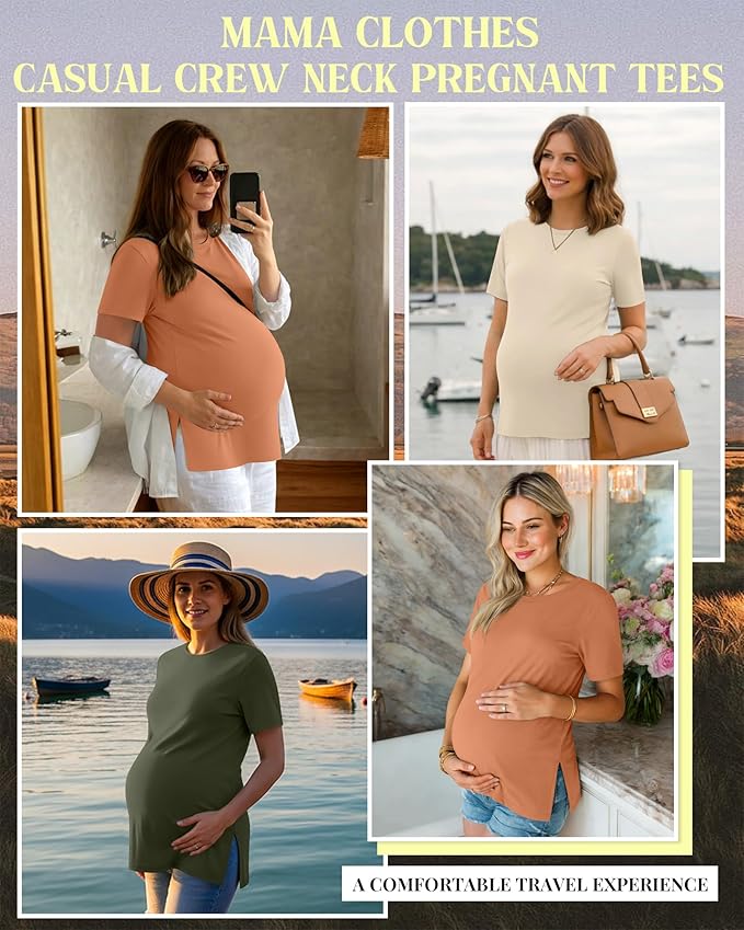 Ficerd 3 Pack Women's Maternity T Shirts, Short Sleeve Side Split Pregnancy Tops Casual Crew Neck Pregnant Tees Mama Clothes