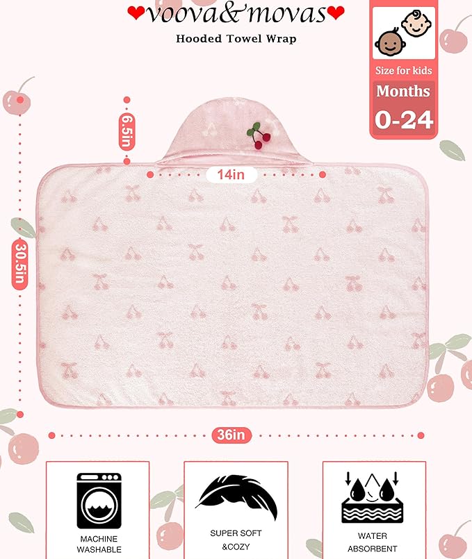 VOOVA & MOVAS Luxury Pink Cherry Baby Hooded Bath Towel - 100% Cotton,420GSM, 30.5x36 Inches,0-2Years, Super Absorbent Large Towel with Hood for Newborn,Infant,Thick, Baby Essentials,Pink Cherry