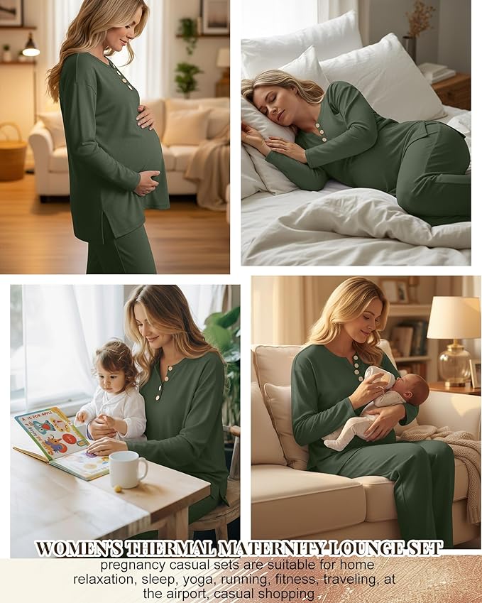 2 Piece Thermal Maternity Lounge Set Postpartum Pregnancy Fleece Loungewear Long Sleeve Top and Wide Leg Pant