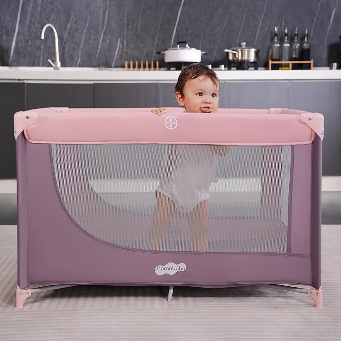 Pamo Babe Compact Pack and Play - Portable Crib for Baby, Lightweight Foldable Travel Playard with Mattress Pad & Carry Bag, Safe Breathable Travel Bed for Home, Trips & Family Visits, Pink