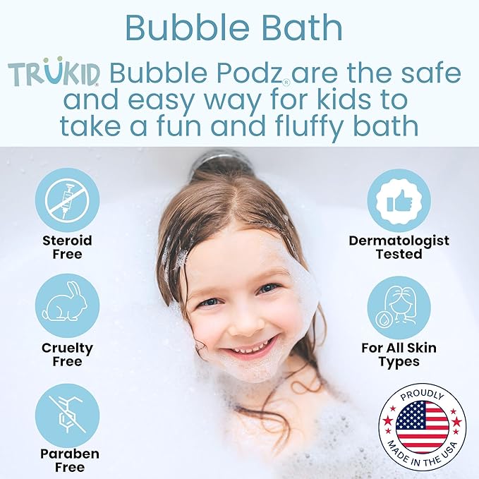TruKid Bubble Podz Bubble Bath for Kids, Toddlers, & Babies, Tear Free Gentle & Refreshing Bath Bomb for Sensitive Skin with Natural Moisturizers, Non-Toxic, pH Balanced, Yumberry Scent (24 Podz)
