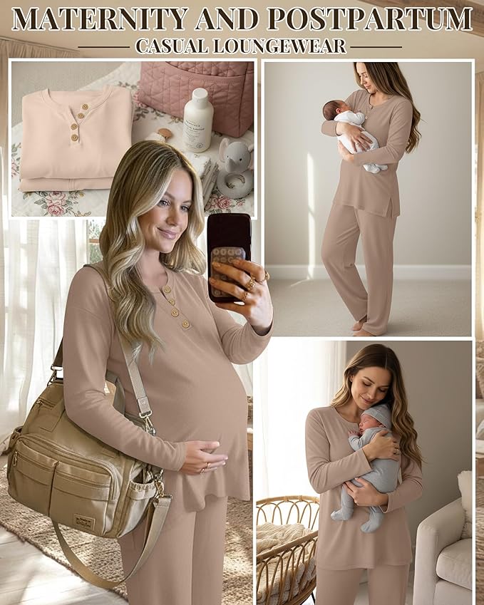 2 Piece Thermal Maternity Lounge Set Postpartum Pregnancy Fleece Loungewear Long Sleeve Top and Wide Leg Pant