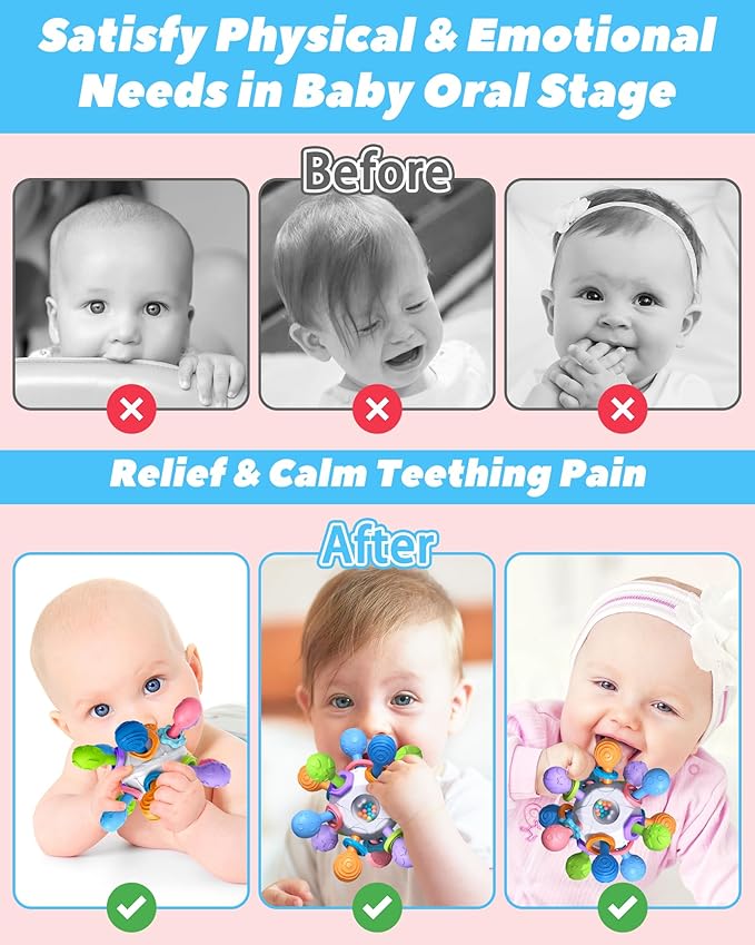 Baby Teething Toys for 0-6 6-12 Months Ages 0-2, Tummy Time Montessori Toys for Babies 0 3 6 9 12 18 Months, Newborn Infant Sensory Toys, Baby Stocking Stuffers Gifts for Boys Girls