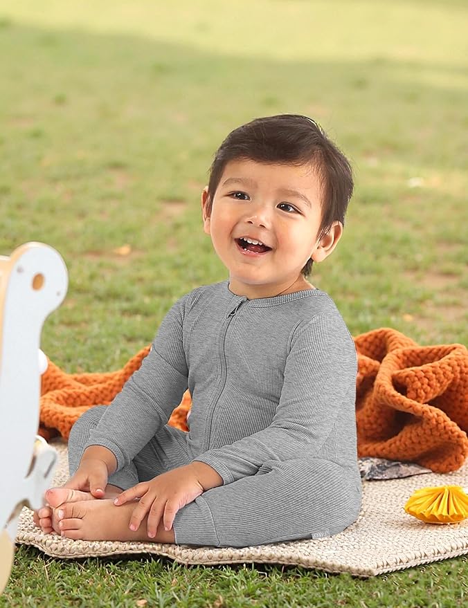 Jimonda Ribbed Rayon From Bamboo Baby Boys/Girls Sleepers, 2-Way Zipper Long Sleeve Footless Pajamas With Mittens Soft Pjs