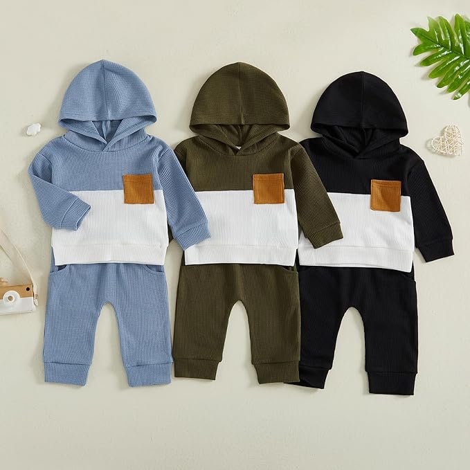 Toddler Baby Boy Hoodies Fall Clothes Waffle Contrast Color Sweatshirt Pant Set Infant Clothes 6 12 18 Months 2T 3T