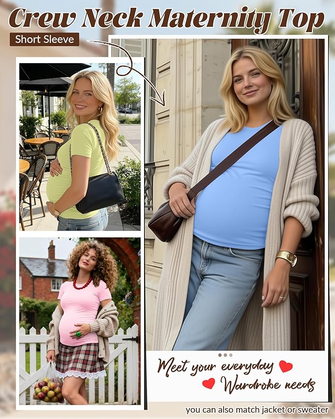 Huukeay 4 Pack Women's Maternity Shirts, Crew Neck Maternity Top Short Sleeve Casual Cotton Tee Side Ruched Pregnancy Clothes