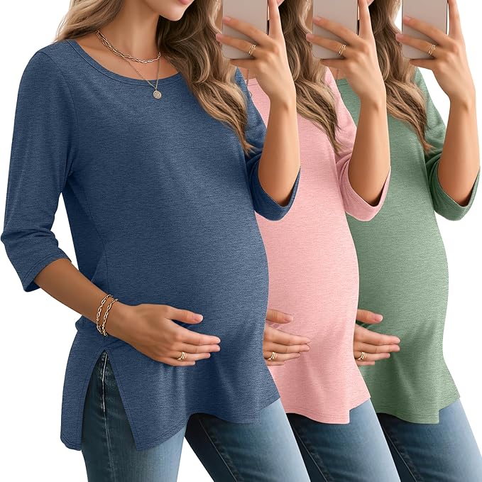 3 Pack Women's 3/4 Sleeve Maternity Shirts Elbow Length Clothes Round Neck Tunics Pregnancy Loose Side Split Tops