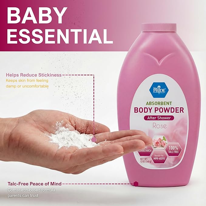 MED PRIDE Talc Free Cornstarch Body Powder with Rose Scent, Moisture Absorbing Skin Care for Daily Freshness, Cruelty Free Formula, 13 Ounce Bottle