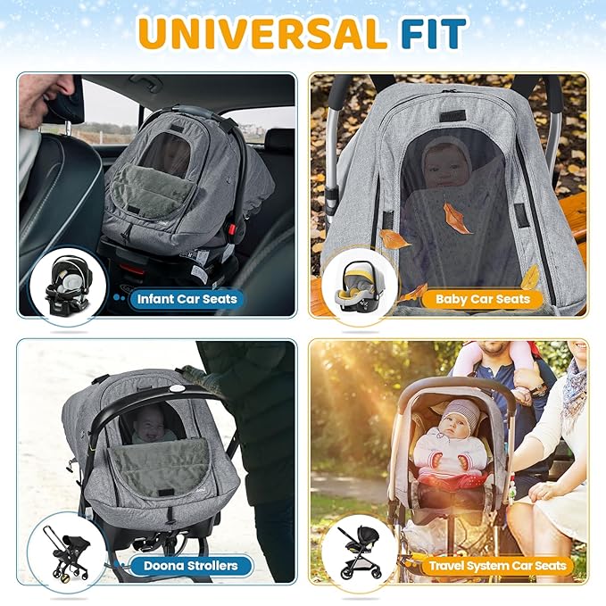 Orzbow Winter Car Seat Cover Baby | Waterproof Infant Carseat Cover Compatible with Doona Car Seats and Strollers, Breathable Baby Carseat Canopy, Baby Winter Essentials, Light Grey