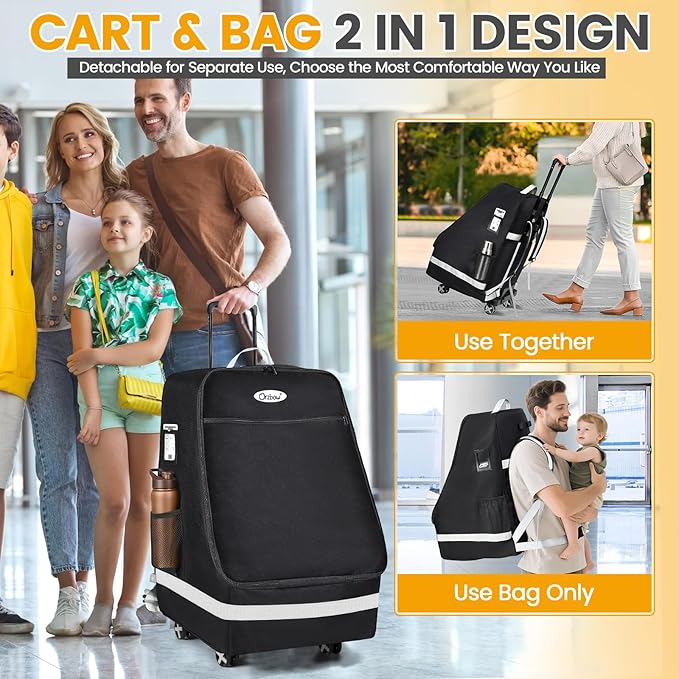 Orzbow Car Seat Carrier for Airport, Folding Car Seat Travel Bag & Cart with 4 Wheels and High Load-Bearing, Padded Gate Check Bag Fits Most Infant Car Seats & Carriers, Easy to Use, Black