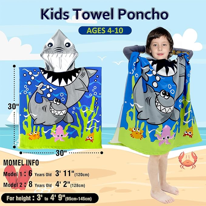 Hooded Kids Beach Towels - Toddler Bath Towel Girls Boys Swim Cover-ups for Ages 4 to 10 Kids Pool Towels Quick Dry Lightweight Soft Microfiber Poncho 30x30 with Bag (Navy Sharks)