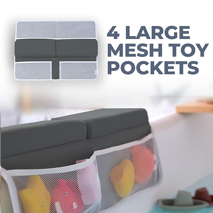 Comfortable Baby Bath Kneeler and Elbow Rest Pad Set – Thick Memory Foam Bath Kneeling Pad with Elbow Support – Baby Bathtub Cushion with Toy Organizer for Bathing Infant or Toddler - Dark Grey