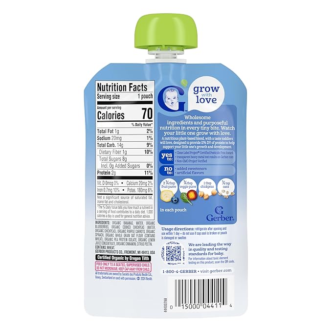 Gerber Toddler Food, Organic Banana Berry and Veggie Smash Puree Pouch, Toddler Pouches, No Added Sweetener, No Artificial Flavors, 12-Pack