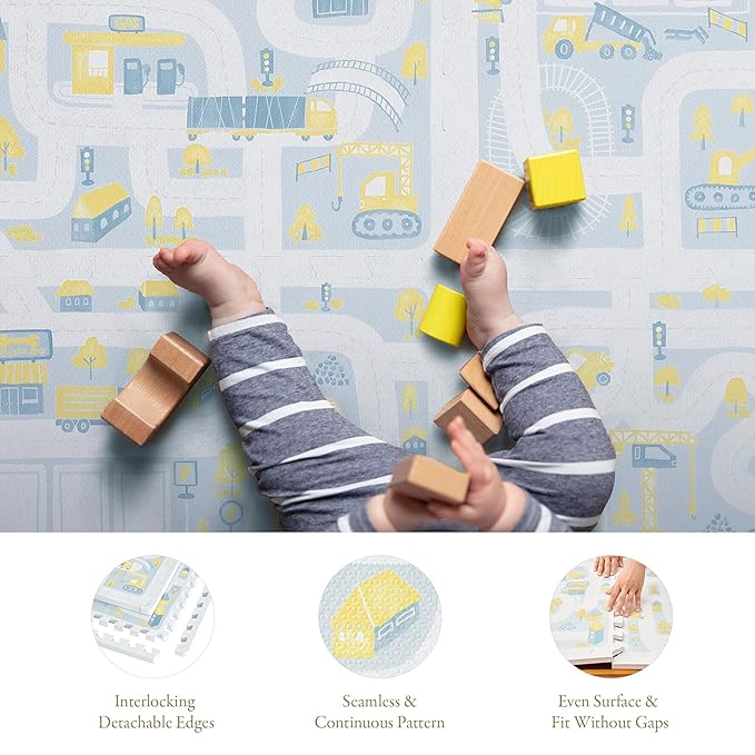 PopsyKosy Premium Baby Floor Play Mat - Extra Thick & Cushioned 1 inch Playroom Foam Mat, Non-Toxic Odorless - 6 Tiles - Spacious 6x4 ft. - Stylish, Waterproof for Kids & Toddlers-Pastel Blue Gray