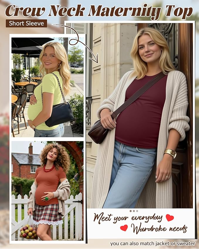 Huukeay 4 Pack Women's Maternity Shirts, Crew Neck Maternity Top Short Sleeve Casual Cotton Tee Side Ruched Pregnancy Clothes
