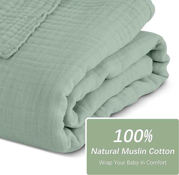 SWEET DOLPHIN Muslin Baby Bath Towels Blanket - 2 Pack 100% Cotton Towel for Babies, Infants, Toddlers - 40x40Inch - Highly Absorbent, Green and Grey