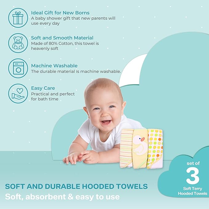 Spasilk Hooded Towel Set for Newborn Boys and Girls, Soft Terry Towel Set, Pack of 3, Yellow Duck
