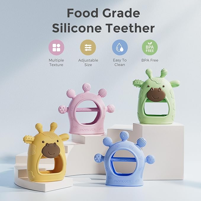 Momcozy Baby Teether Toys | Food Grade Silicone Teething Relief 0-6 Months | Toy 6-12 Months | Baby Essential | Yellow and Blue
