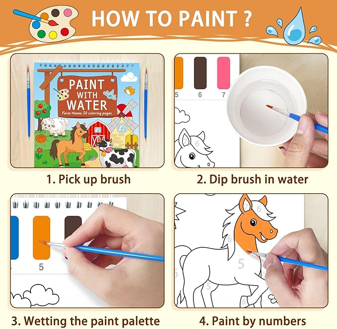 SOCOLER Paint with Water Coloring Books for Toddlers, Farm Theme Mess Free Watercolor Painting Papers for Kids Water Color Paint Kit Art Craft Gift for Ages 1-3, 4-8