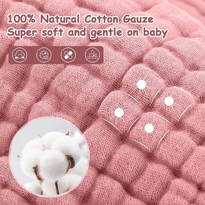 Looxii Muslin Baby Washcloths 6 Pack, 100% Cotton Baby Wash Cloths for Baby Face Body, 12x12 inches Large Soft Absorbent Face Towels for Newborns Gradient Pink