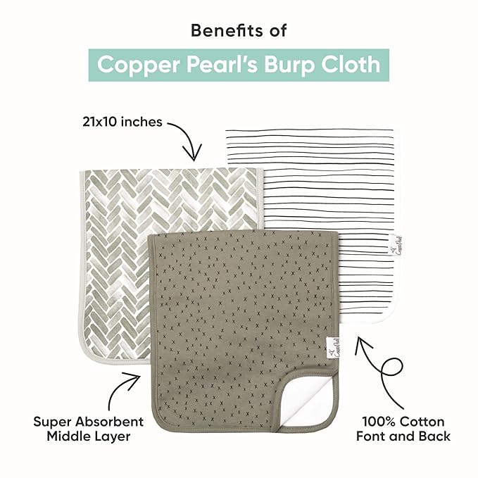 Copper Pearl Premium Baby Burp Cloths - 3-Pack Large Cotton Burp Cloths, Extra Soft Spit Up Rags with 3 Absorbent Layers, Perfect for Baby Boy and Baby Girl Gifts (21" x 10" Size, Ridge Set)