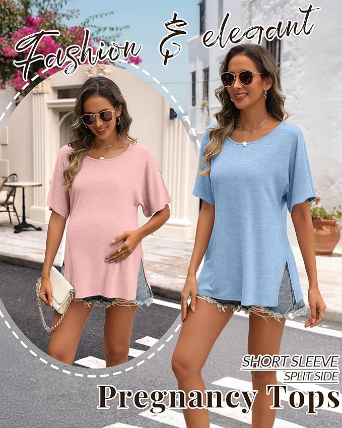 Riyiper 3 Pack Women's Maternity Tunic Shirts Cotton Summer Pregnancy Clothes Loose Oversized Split Side Blouse Tops