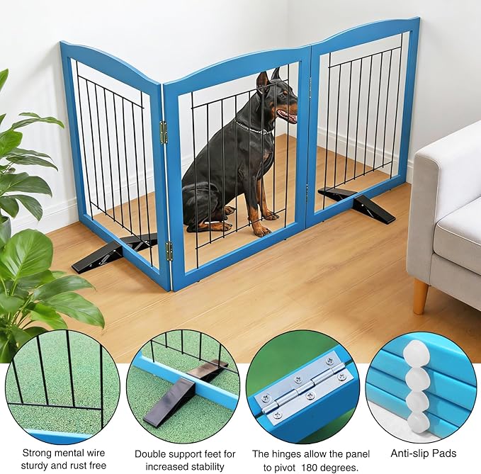 ZJSF Freestanding Dog Fence Indoor, Foldable Dog Gate for Doorways, Stairs or Hallways, Sturdy Wood Extra Wide Pet Gate with Support Feet for The House, Blue, 32 "Height-3 Panels