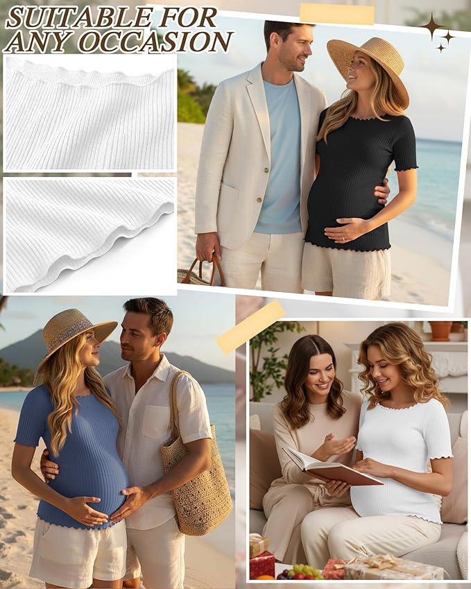 3 Pack Women's Maternity Ribbed Shirts Cotton Short Sleeve Pregnancy Tops Boat Neck Lettuce Trim Mama Clothes