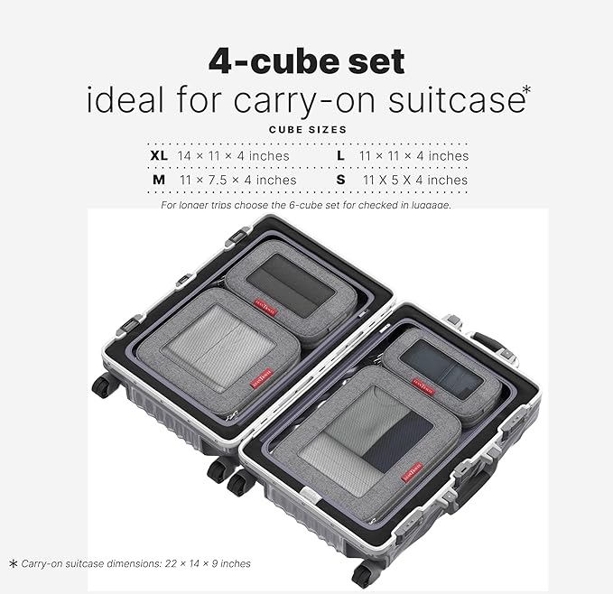 LeanTravel Premium Compression Packing Cubes for Travel - Luggage Organizers with Double Zipper - Sturdy Bags for Suitcase (4-Pack, Grey)