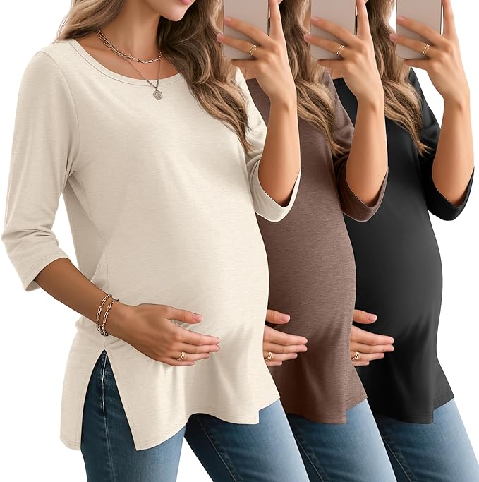 3 Pack Women's 3/4 Sleeve Maternity Shirts Elbow Length Clothes Round Neck Tunics Pregnancy Loose Side Split Tops