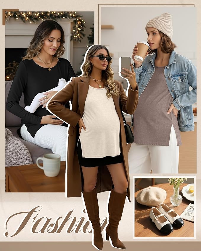 Riyiper 3 Pack Women's Maternity Long Sleeve T-Shirts Round Neck Side Split Tops Loose Casual Pregnancy Mama Clothes Fall