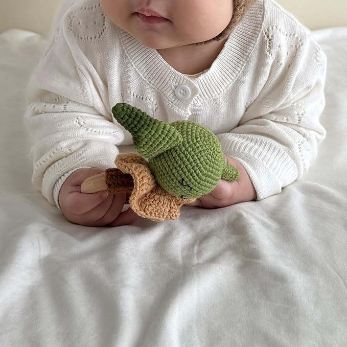 DICHA Wooden Baby Rattle-Crochet Baby Rattle- Infant Rattle Sensory Development Wooden Toys Set-Includes Beech Wooden Teething Ring- Baby Teether Green Alien Style
