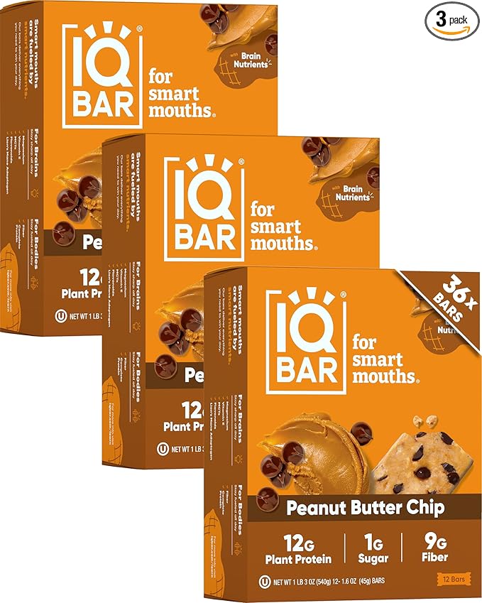 IQBAR Brain and Body Clean Plant Protein Bars - Peanut Butter Chip - 36 Bars - Keto, Vegan, High Fiber, Gluten and Dairy Free, Low Sugar Snack with Nutrients for Focus, Energy, Meal Replacement